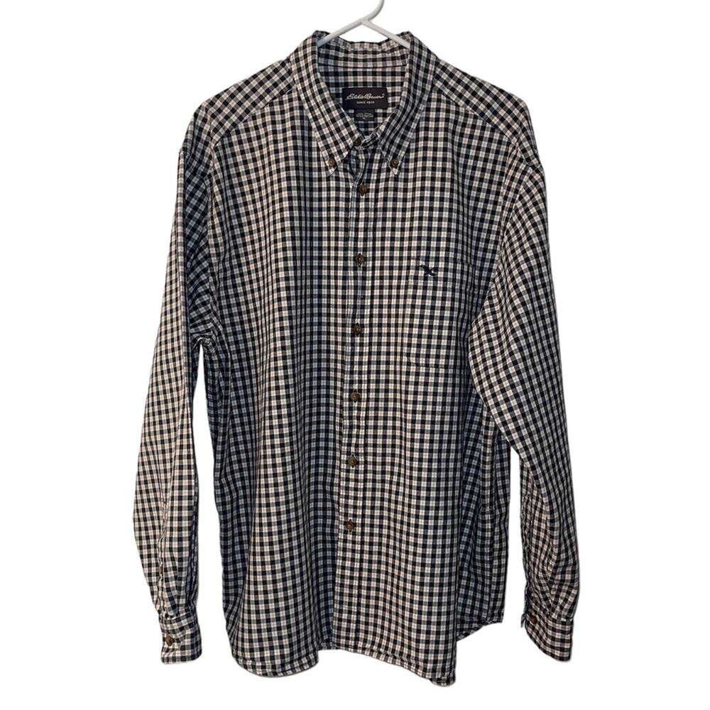 Eddie Bauer Cotton Shirt Men's Black And White Plaid Button Down XL